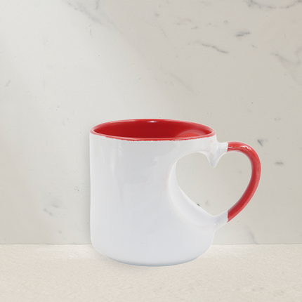 White & Red Ceramic Mug with Heart-Shaped Handle - Gift for Couples
