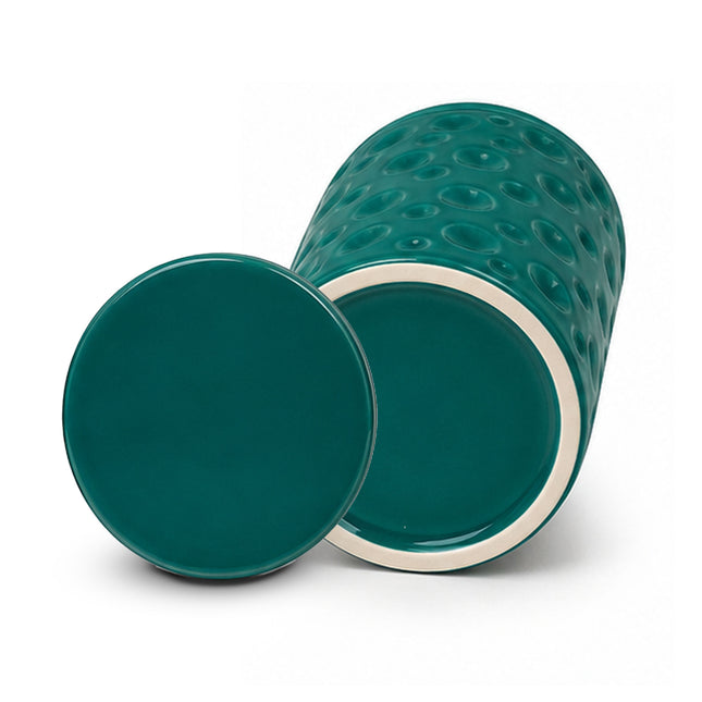 Green Dimpled Ceramic Storage Jar with Lid – Large 9x9x8 in Decorative Canister