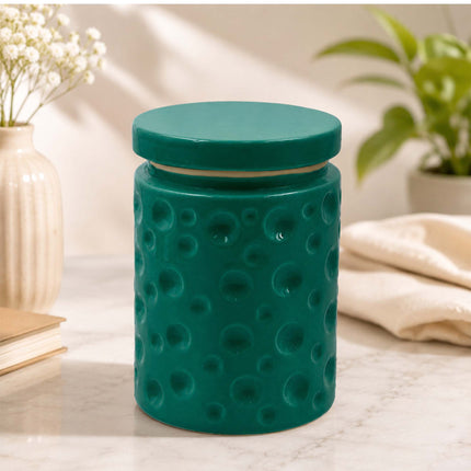 Green Dimpled Ceramic Storage Jar with Lid – Large 9x9x8 in Decorative Canister
