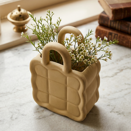 Artistic Beige Handcrafted Ceramic Tote Bag-Shaped Planter