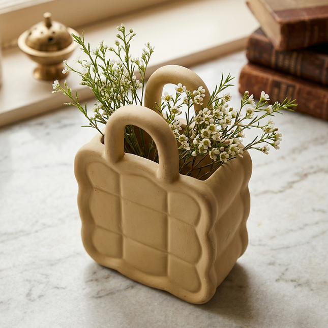 Artistic Beige Handcrafted Ceramic Tote Bag-Shaped Planter