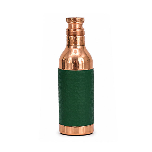 Copper Champagne Bottle with Green Textured Sleeve | Pure Copper Water Bottle for Ayurvedic Health Benefits