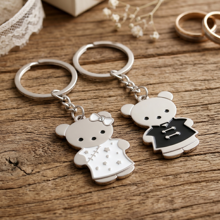 Cute Teddy Bear Couple Metal Keychain Set | Matching Bear Keyrings for Couples