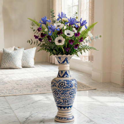 Blue & White Handcrafted Tall Ceramic Vase - Classic Floral Design