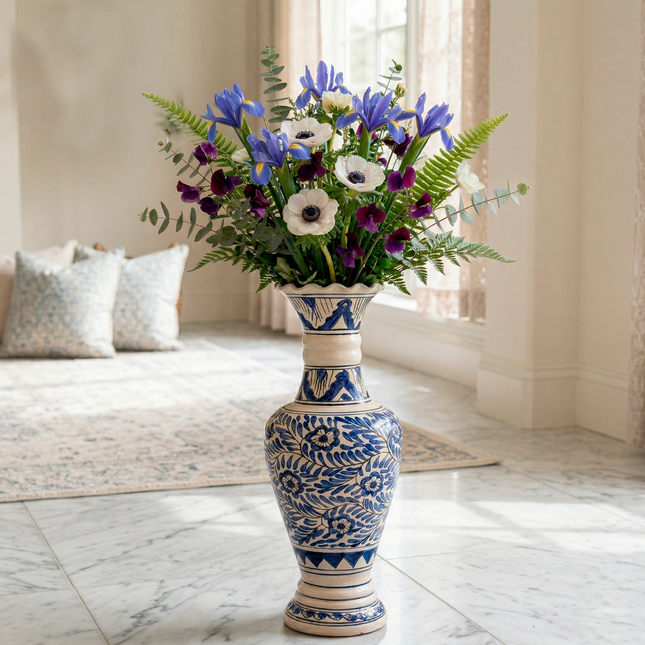 Blue & White Handcrafted Tall Ceramic Vase - Classic Floral Design