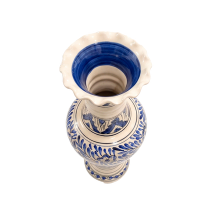Blue & White Handcrafted Tall Ceramic Vase - Classic Floral Design