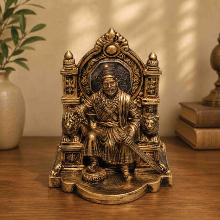 Bronze-Finish Chhatrapati Shivaji Maharaj Figurine on Throne for Home & Office