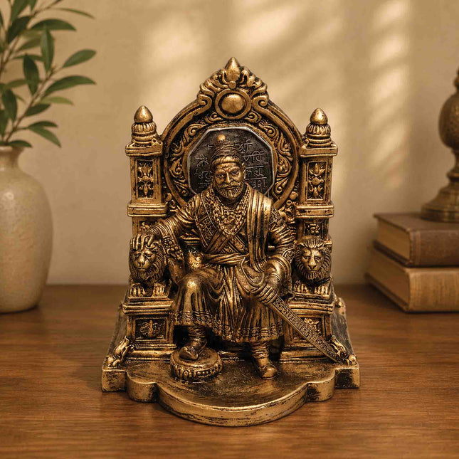 Bronze-Finish Chhatrapati Shivaji Maharaj Figurine on Throne for Home & Office