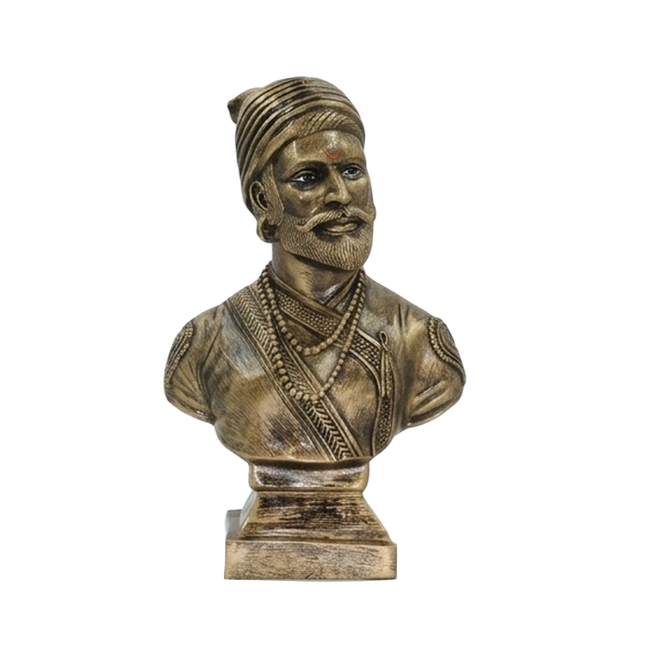 Bronze-Effect Chhatrapati Shivaji Maharaj Bust - Antique Finish Tabletop Resin Sculpture of Shivaji