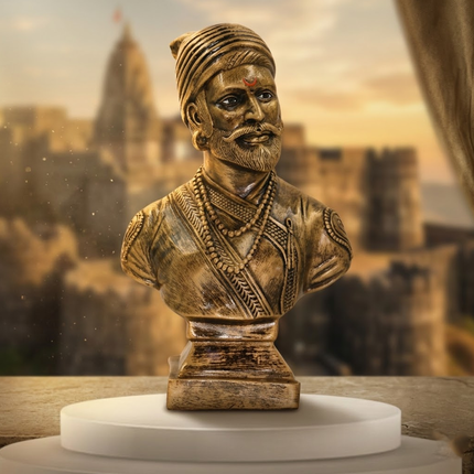 Bronze-Effect Chhatrapati Shivaji Maharaj Bust - Antique Finish Tabletop Resin Sculpture of Shivaji
