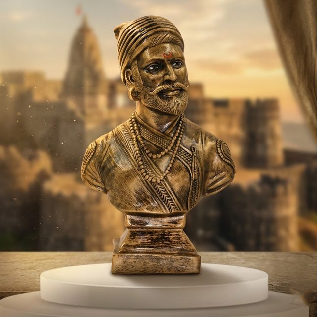 Bronze-Effect Chhatrapati Shivaji Maharaj Bust - Antique Finish Tabletop Resin Sculpture of Shivaji