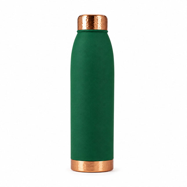 Silk Green Copper Water Bottle – Smooth Matte Finish with Hammered Copper Cap & Base, Ayurvedic Wellness Bottle