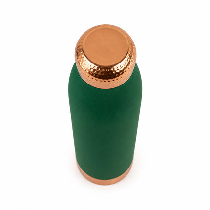 Silk Green Copper Water Bottle – Smooth Matte Finish with Hammered Copper Cap & Base, Ayurvedic Wellness Bottle