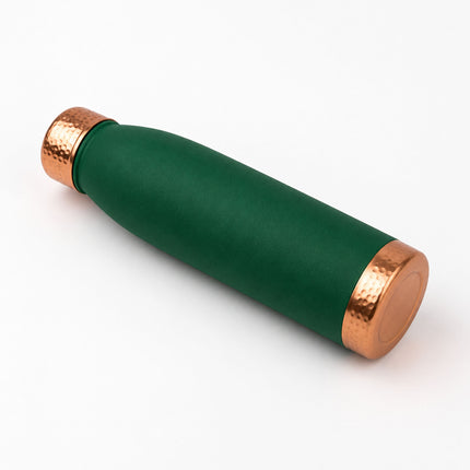 Silk Green Copper Water Bottle – Smooth Matte Finish with Hammered Copper Cap & Base, Ayurvedic Wellness Bottle