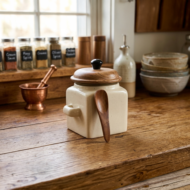 Ceramic Storage Jar with Wooden Spoon & Lid