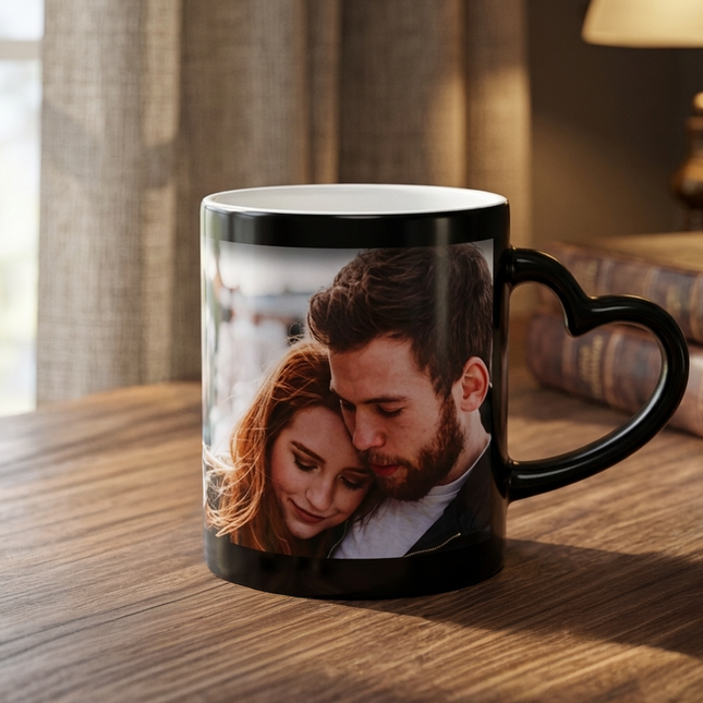 Chic Black Ceramic Mug with Heart-Handle – Ideal for Couple Gifting_b