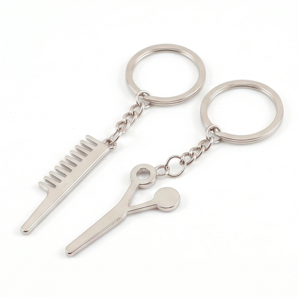 Hair Stylist Comb & Scissors Couple Metal Keychain Set | Matching Salon Keyrings