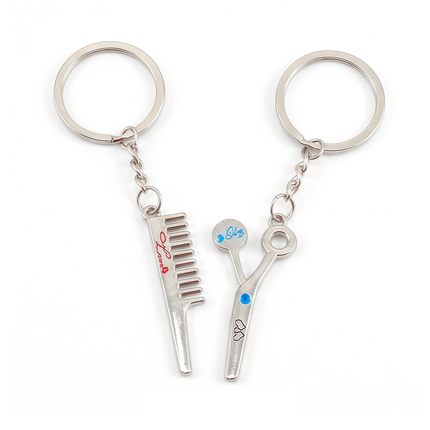 Hair Stylist Comb & Scissors Couple Metal Keychain Set | Matching Salon Keyrings