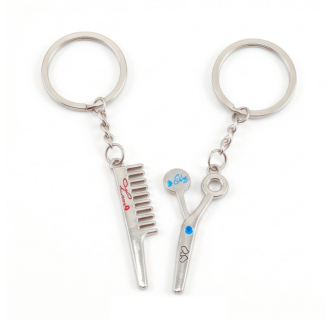 Hair Stylist Comb & Scissors Couple Metal Keychain Set | Matching Salon Keyrings