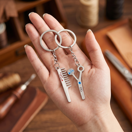 Hair Stylist Comb & Scissors Couple Metal Keychain Set | Matching Salon Keyrings