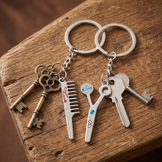 Hair Stylist Comb & Scissors Couple Metal Keychain Set | Matching Salon Keyrings