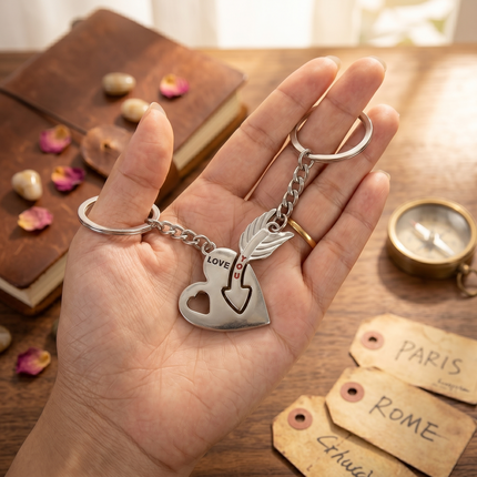 Arrow Through Heart Couple Metal Keychain Set | Matching Love Heart Keyrings for Couples