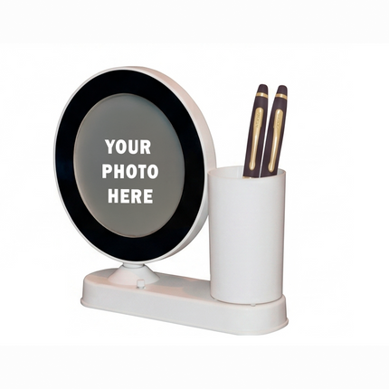 Rotating Round Photo Frame with Pen Stand – Dual Utility Desk Organizer