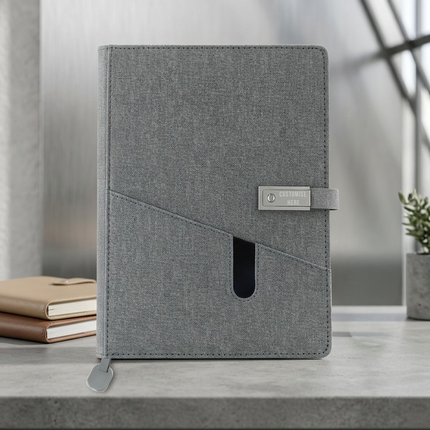 Grey Smart Power Bank Notebook with USB Drive & Charging Cables – Executive Gift