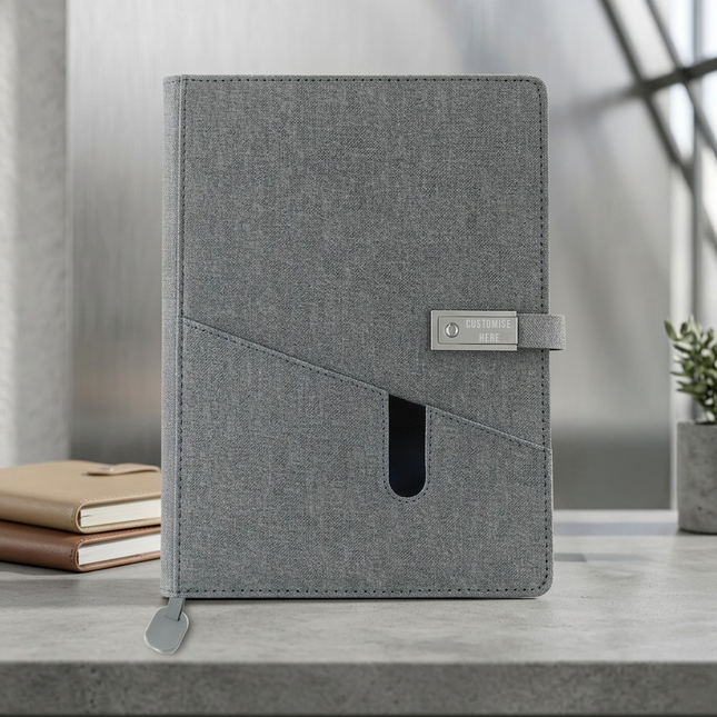 Grey Smart Power Bank Notebook with USB Drive & Charging Cables – Executive Gift