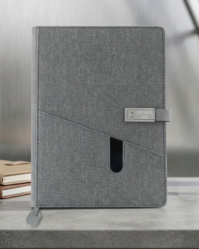 Grey Smart Power Bank Notebook with USB Drive & Charging Cables – Executive Gift