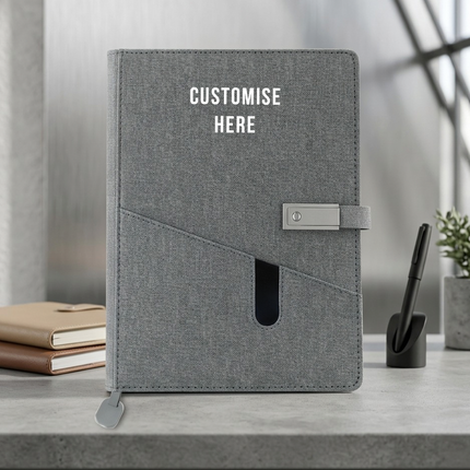 Grey Smart Power Bank Notebook with USB Drive & Charging Cables – Executive Gift