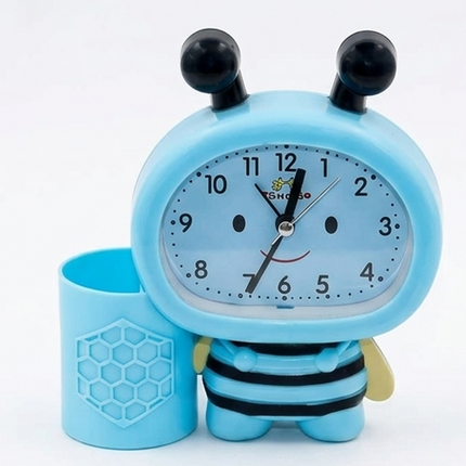 Cute Bee-Shaped Blue Table Clock with Pen Holder For Kids
