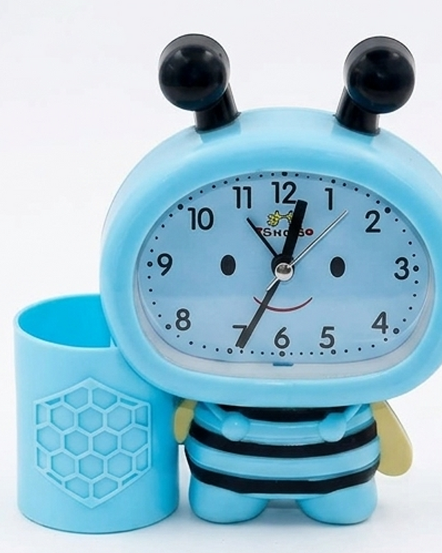 Cute Bee-Shaped Blue Table Clock with Pen Holder For Kids