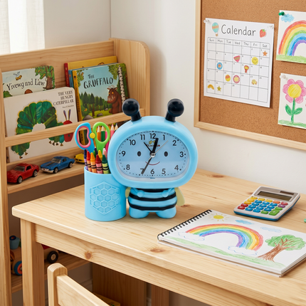 Cute Bee-Shaped Blue Table Clock with Pen Holder For Kids