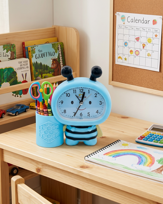 Cute Bee-Shaped Blue Table Clock with Pen Holder For Kids