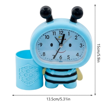 Cute Bee-Shaped Blue Table Clock with Pen Holder For Kids