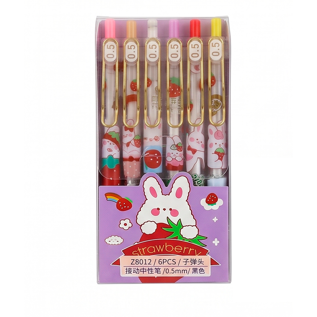 Cute Strawberry Bunny Pastel Gel Pen Set of 6 for Kids & Stationery Lovers