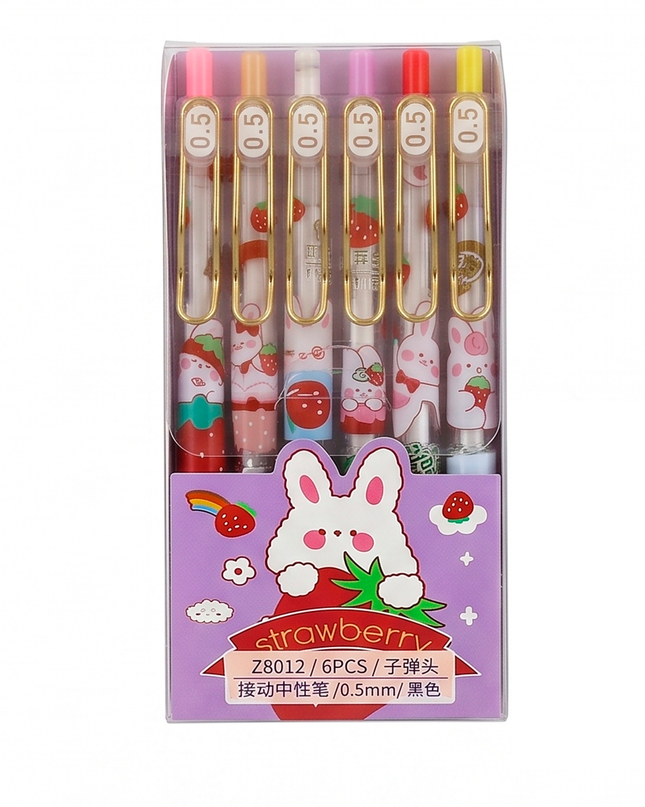 Cute Strawberry Bunny Pastel Gel Pen Set of 6 for Kids & Stationery Lovers