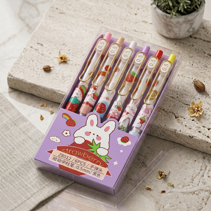 Cute Strawberry Bunny Pastel Gel Pen Set of 6 for Kids & Stationery Lovers