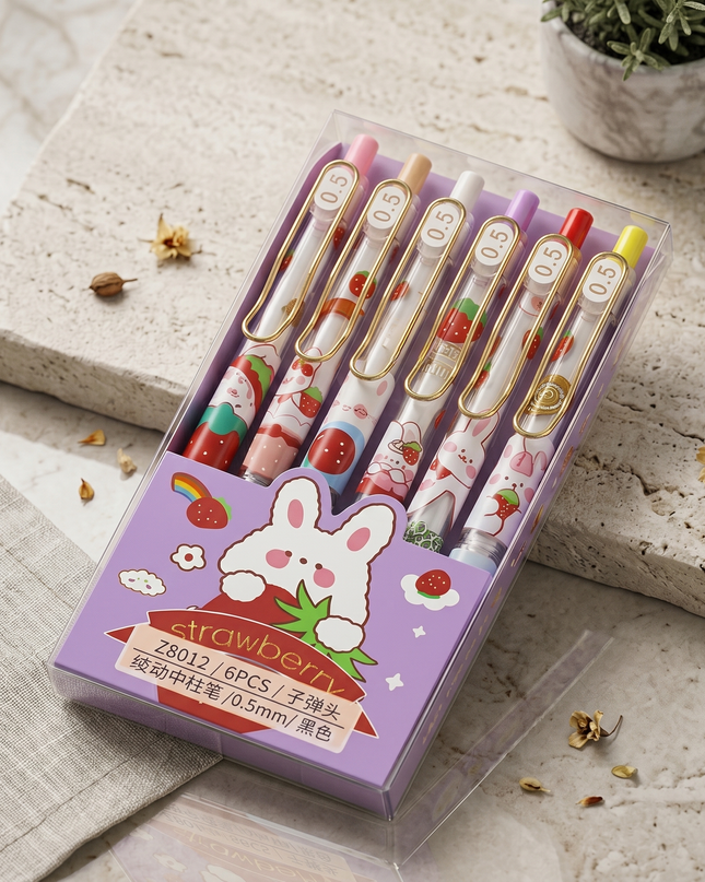 Cute Strawberry Bunny Pastel Gel Pen Set of 6 for Kids & Stationery Lovers