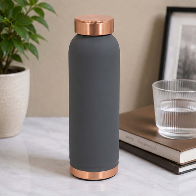 Silk Gray Copper Water Bottle – Smooth Matte Finish with Copper Cap & Base, Ayurvedic Wellness Bottle