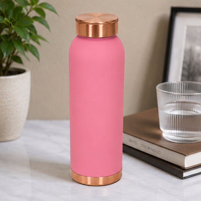 Matte Pink Copper Bottle – Sleek Design with Polished Copper Accents, Ayurvedic Water Bottle