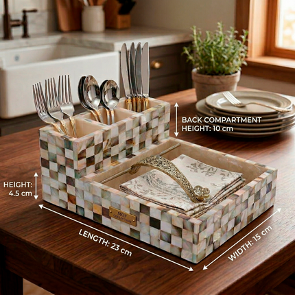 Designer Mother of Pearl Dual-Level Napkin & Cutlery Holder – Checkerboard Elegance