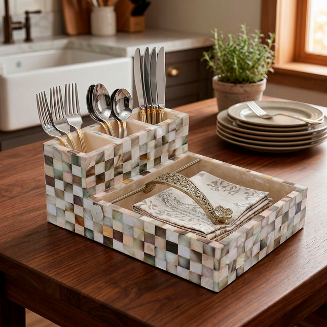 Designer Mother of Pearl Dual-Level Napkin & Cutlery Holder – Checkerboard Elegance