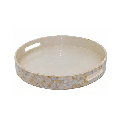 Elegant Mother of Pearl (MOP) Mosaic Tray – Round with Handles