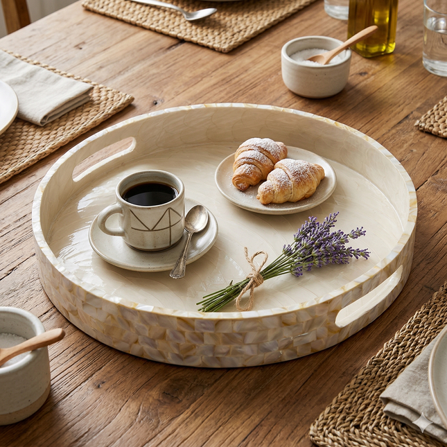 Elegant Mother of Pearl (MOP) Mosaic Tray – Round with Handles