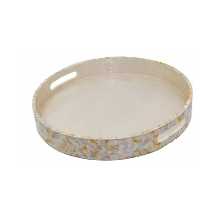 Elegant Mother of Pearl (MOP) Mosaic Tray – Round with Handles