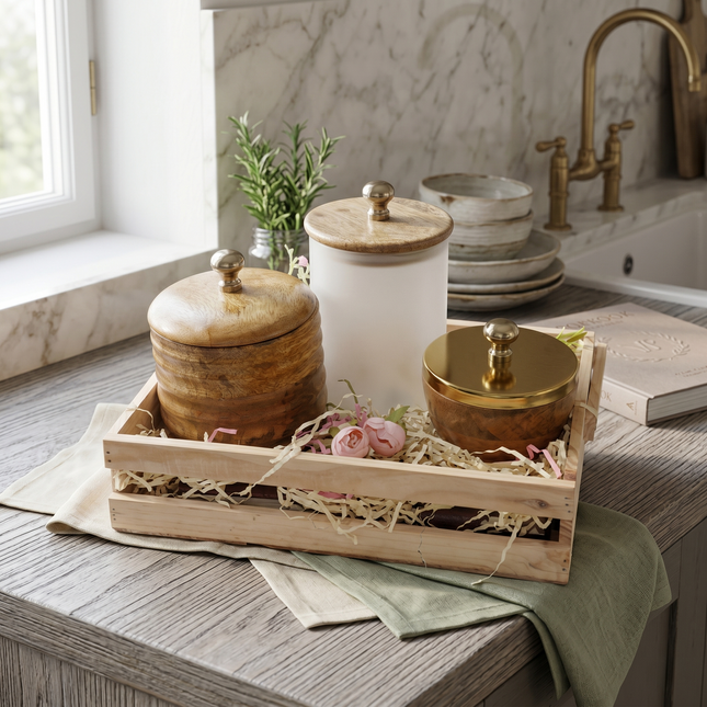 Elegant Wooden Gift Box with Premium Storage Jars