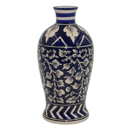 Ethnic Blue Pottery Decorative Vase with Floral & Geometric Design