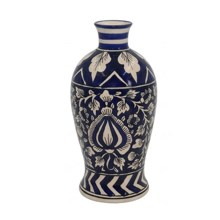 Ethnic Blue Pottery Decorative Vase with Floral & Geometric Design